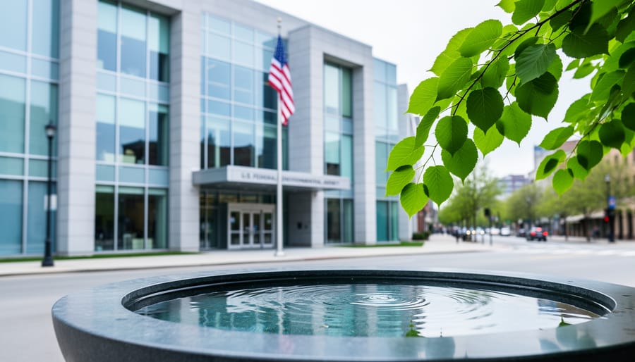 Exterior of a modern U.S. federal environmental agency building with a flag, surrounded by green leaves and water elements to represent regulatory environmental oversight.