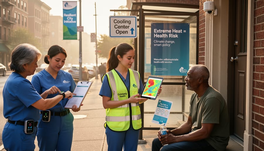 People in an extremely hot city street with a healthcare outreach providing hydration near a shaded bus stop