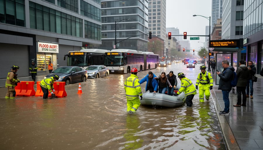 Flooded street with muddy water, a partially submerged car, and emergency workers in reflective gear standing on higher ground