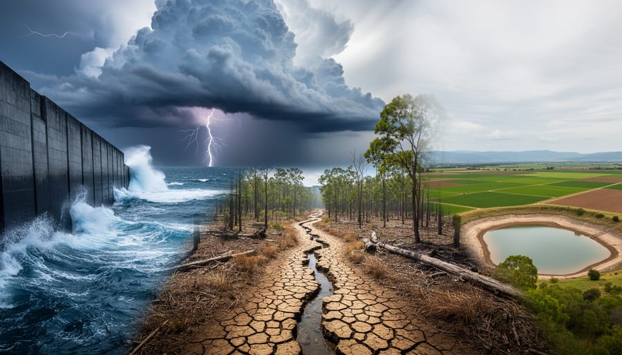 “Panoramic coastal, storm, damaged ecosystem, and drought-stressed farmland landscape representing sea level rise, extreme weather, ecosystem disruption, and food and water threats.”
