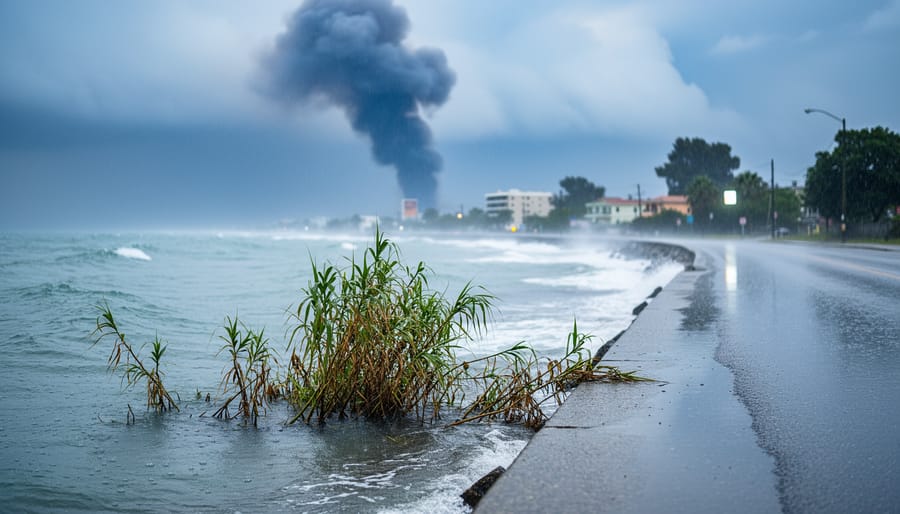 Coastal shoreline with seawater at an elevated road during stormy weather, wildfire smoke in the distance, and stressed plants near the foreground, suggesting climate-driven environmental impacts.