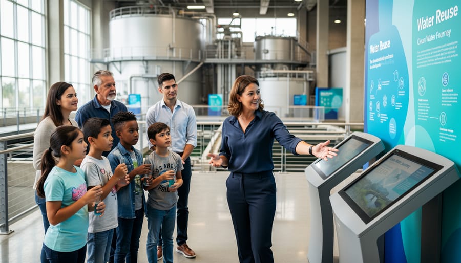 A docent leads a diverse group of visitors through the Hyperion Environmental Learning Center inside a wastewater treatment facility, with large industrial equipment visible in the background.