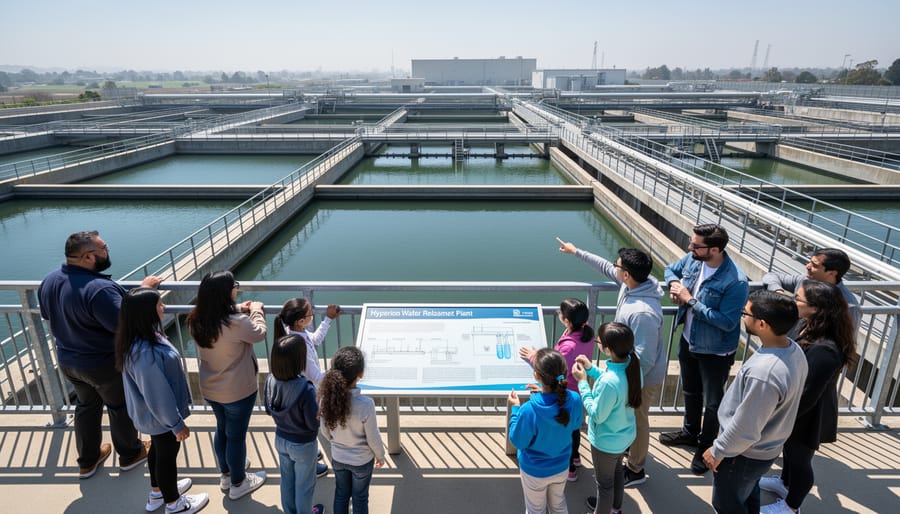 People standing outdoors looking toward the Hyperion Water Reclamation Plant buildings at the LA Environmental Learning Center