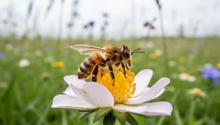 Close-up of a honey bee perched on a wildflower with a blurred native plant meadow in the background, illustrating pollination in a healthy ecosystem.