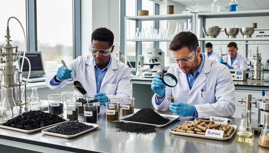 Gloved technician holds a vial of dark biochar-like sample in a laboratory setting