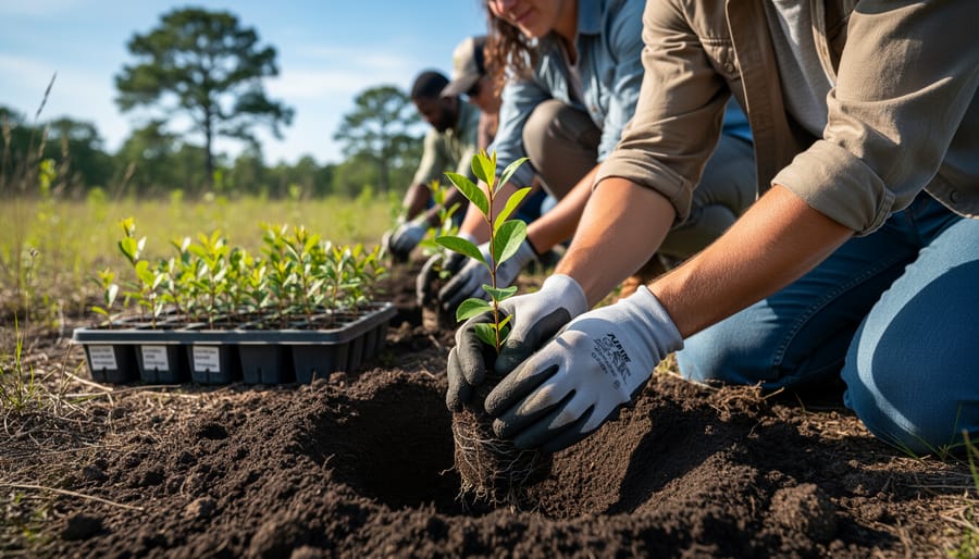 Volunteer planting native seedlings in dark soil during a habitat restoration activity