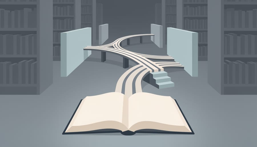An open book on a stand in a library lit by a bright doorway