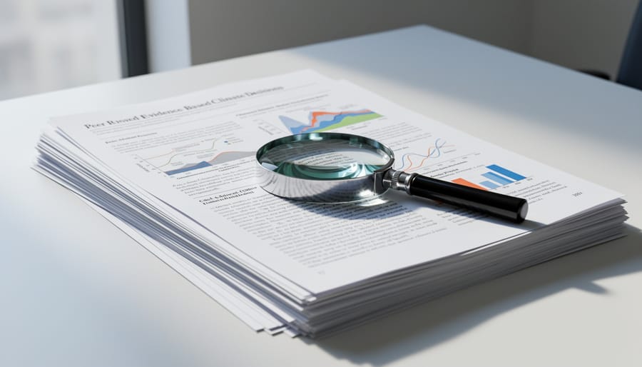 A magnifying glass resting on a stack of peer-reviewed climate journal papers on a desk