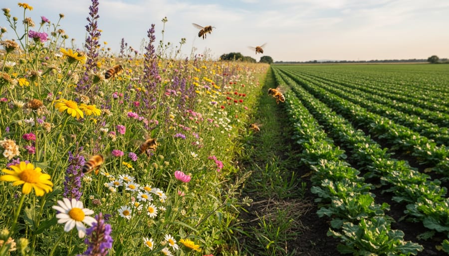 Pollinator garden edge with diverse flowering plants contrasted with uniform crop field in the background