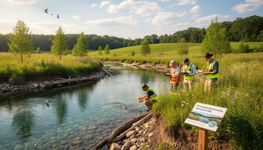 Clear river water flowing through a restored riverbank with native grasses and young saplings.