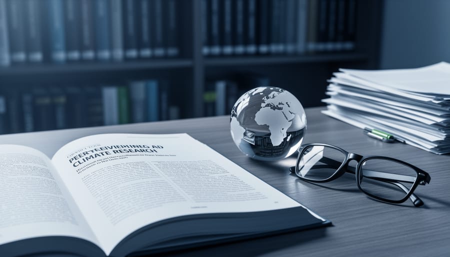 Open climate change research journal on a desk with eyeglasses and a globe-shaped paperweight, shot in soft natural light.