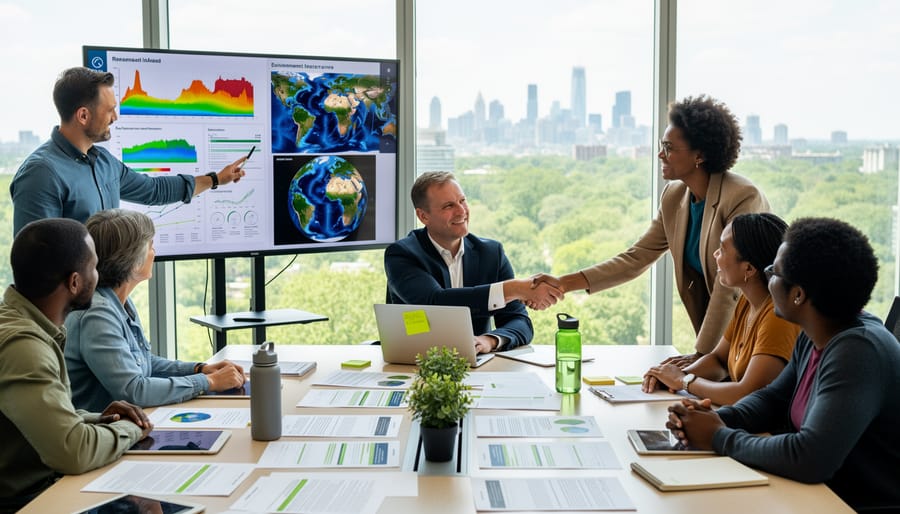 Scientists and policy stakeholders meet in an office while looking out toward a wind farm.