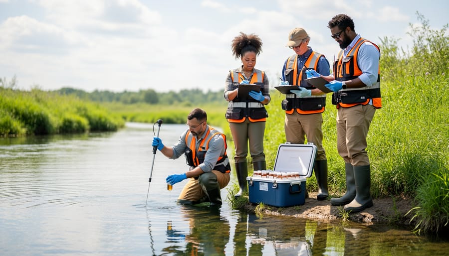 Gloved hands collecting water samples from a riverbank near reeds and calm water