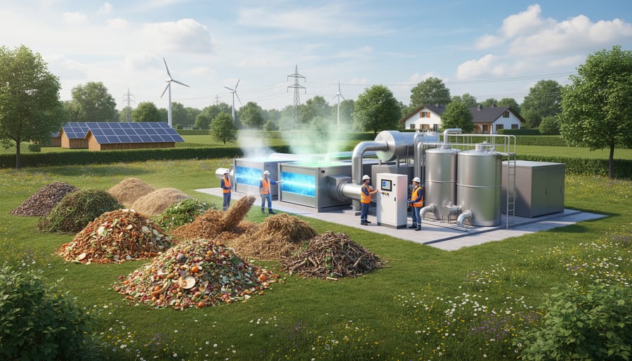 Wide view of a bioenergy facility with organic waste loading area and nearby greenery at golden hour
