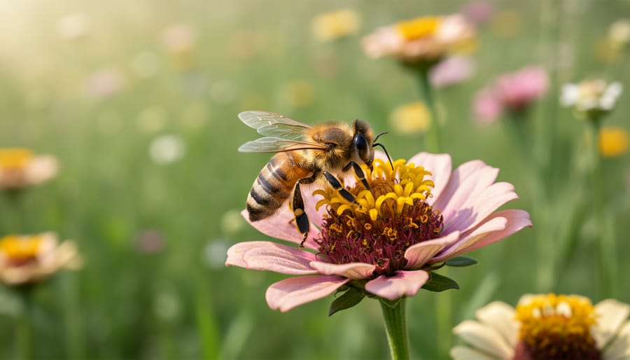 Macro close-up of a bee collecting pollen on a purple wildflower in a meadow