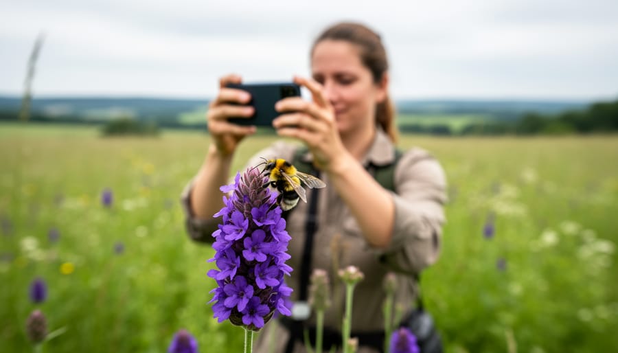 A citizen scientist photographing a bumblebee on a wildflower in a pollinator-friendly meadow using a smartphone.