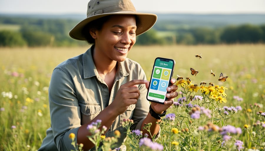 Citizen scientist photographing a bee on flowers with a smartphone in a garden setting