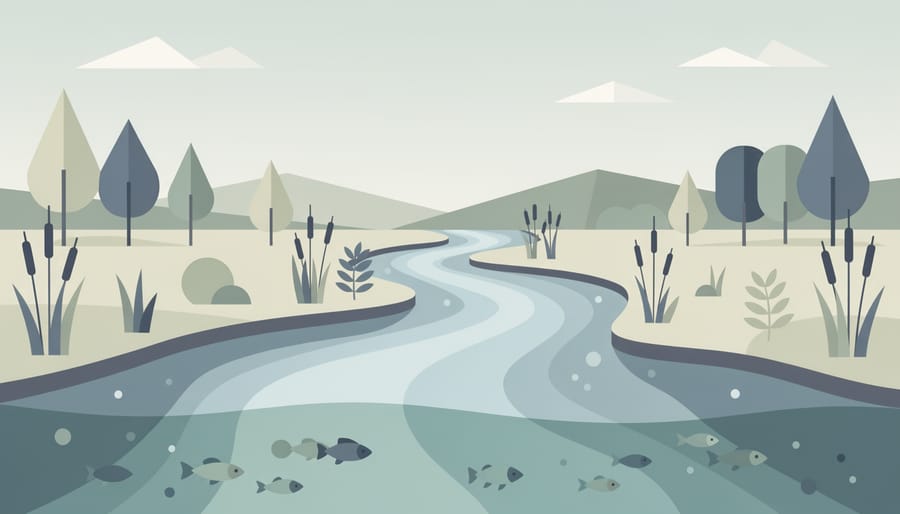 Close-up of a flowing river reflecting forest canopy with clear water and riparian stones.