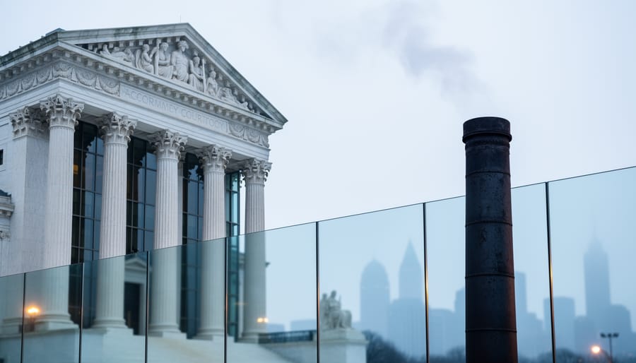 A courthouse building and an industrial smokestack with a faint smoke plume under a cloudy sky, representing climate accountability for governments and polluters.