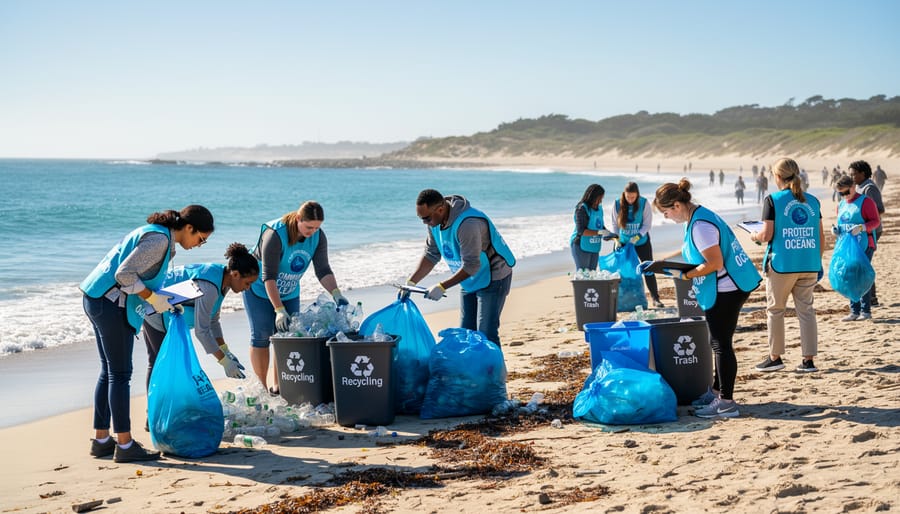 Cleanup volunteers at a coastal shoreline collecting debris with grabbers near the water