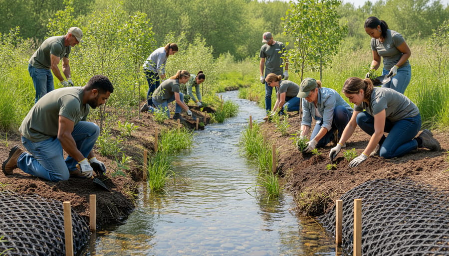 Volunteers planting native seedlings on a streambank during an ecosystem restoration effort.