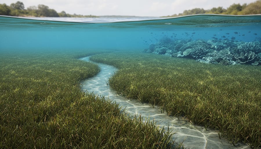 Restored coastal habitat with native salt-marsh plants and seagrass in clear water, leading toward a healthy reef ecosystem in the distance.