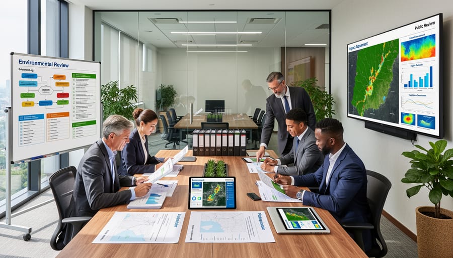 Open file folder and blank tablet on a desk in a formal review workspace