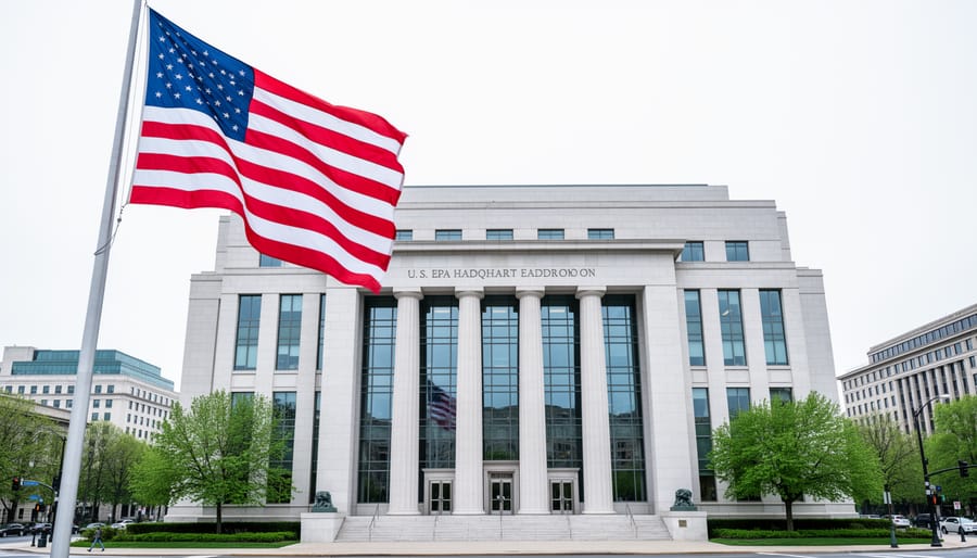 EPA headquarters building with the American flag under an overcast sky, photographed with shallow depth of field.