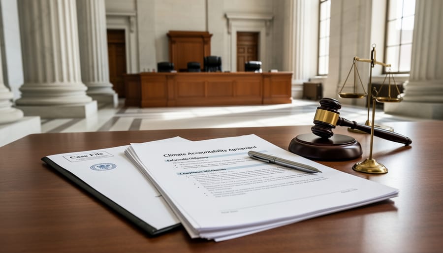 Close view of sealed official documents on a table in front of a government building entrance
