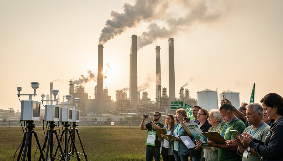 Smoke from an industrial smokestack with a community observer in the foreground