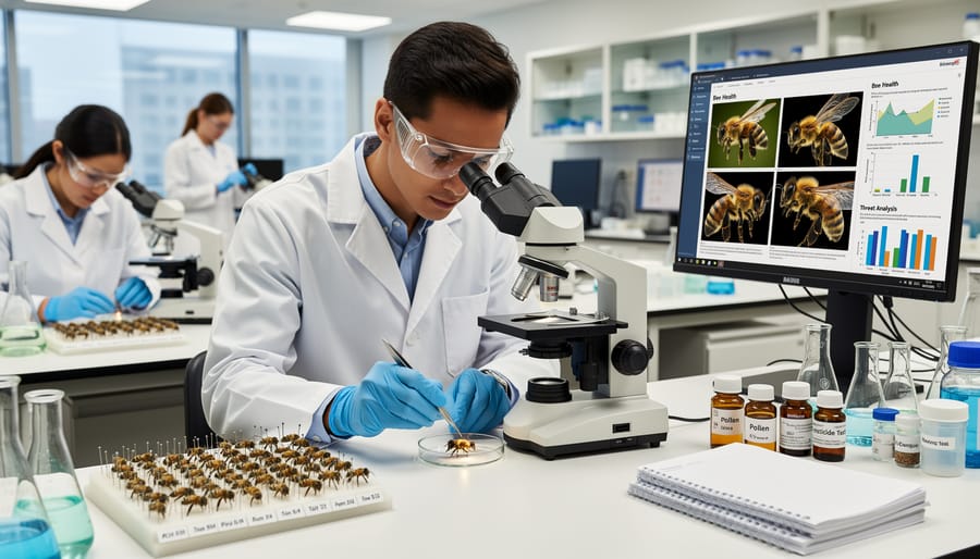 Researcher in a laboratory holding a small bee specimen in a clear container