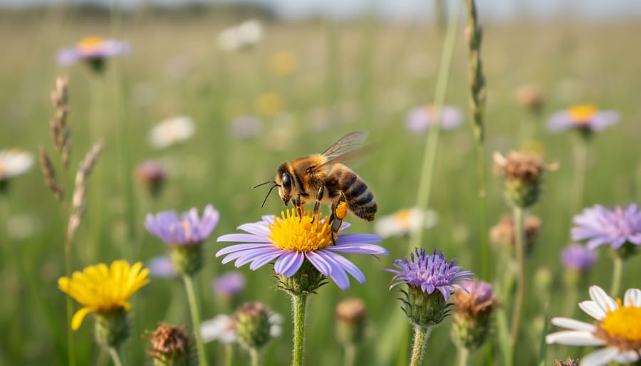 Macro photo of honeybee and bumblebee foraging on purple wildflowers in a meadow