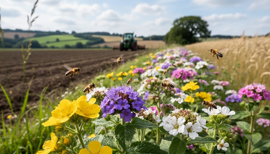Pollinator-friendly flowering habitat strip along the edge of an agricultural field at golden hour