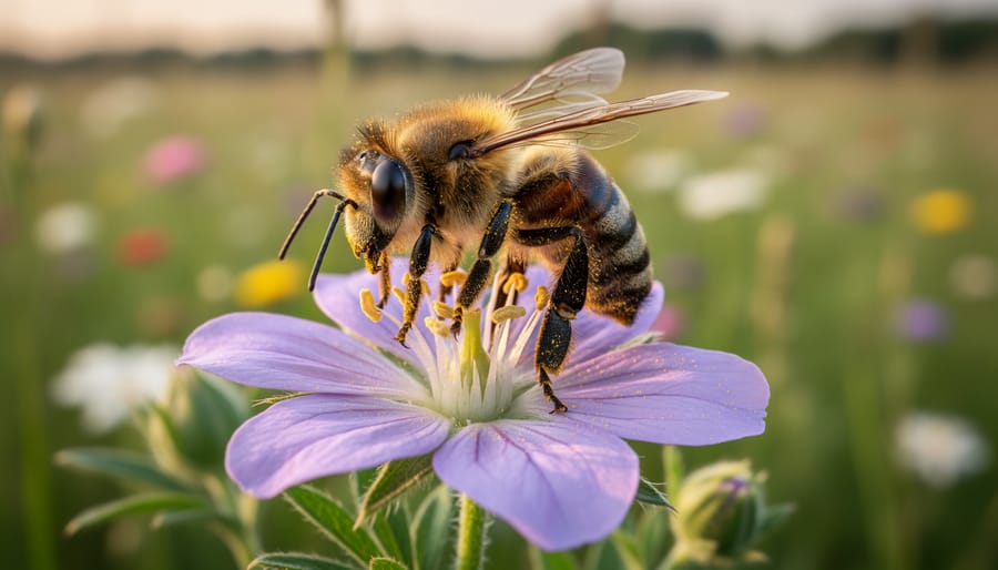 Bumblebee hovering over a native wildflower in a pollinator garden