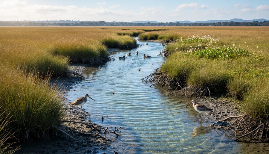Sunlit coastal wetland with native grasses and a meandering tidal channel.