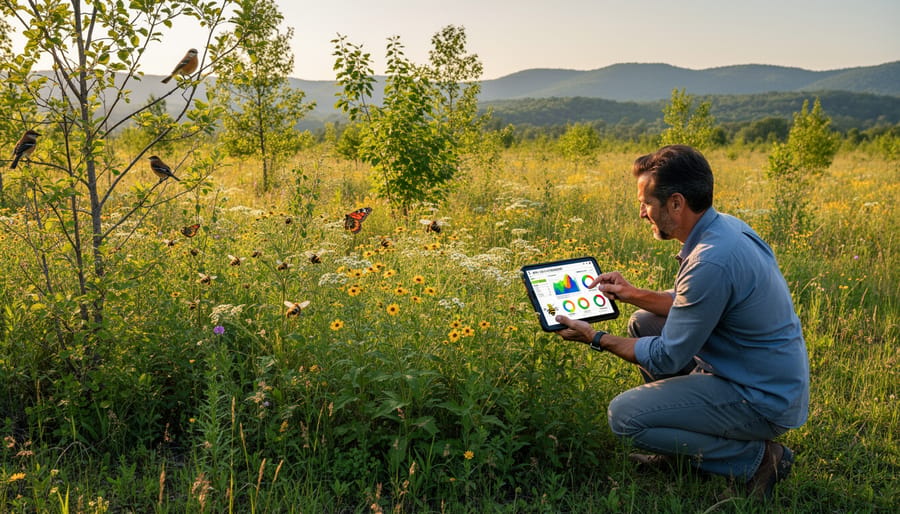 Native pollinator habitat with blooming flowers at golden hour in a restored field
