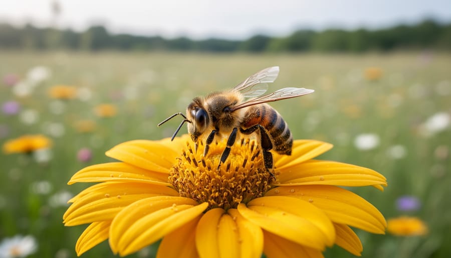 Close-up of a bee perched on a wildflower bloom in a sunlit meadow with other flowers softly blurred behind it.