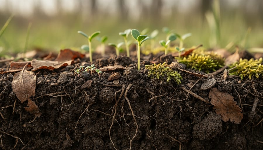 Gloved researcher holding dark, organic-rich soil with fine roots from a restoration site.
