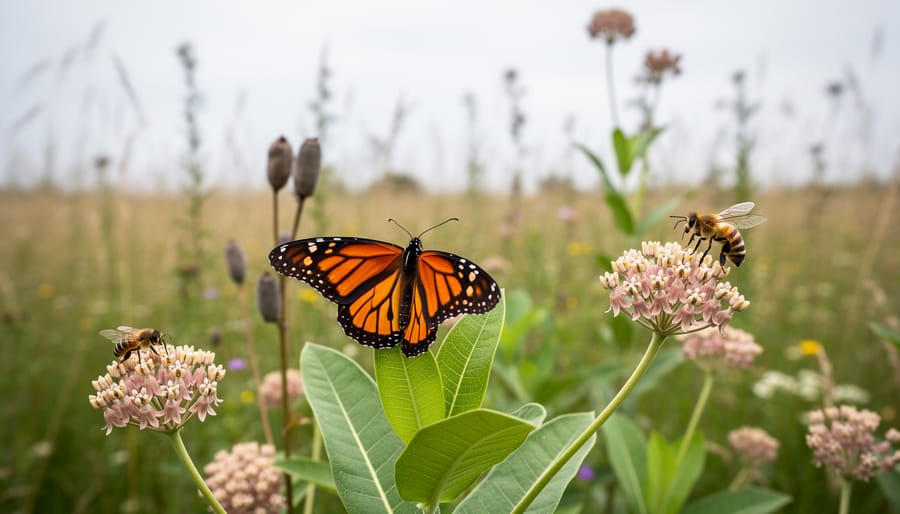 “Monarch butterfly and native bees on milkweed flowers in a pollinator-friendly habitat”