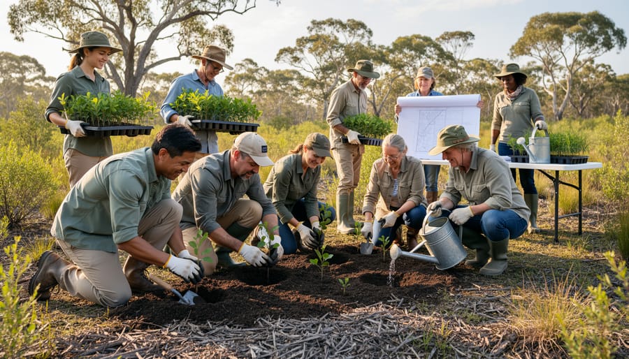 Community volunteers planting native seedlings together in an urban restoration garden