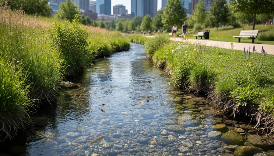 Flowing water in an urban stream restoration area with riparian plants along the banks