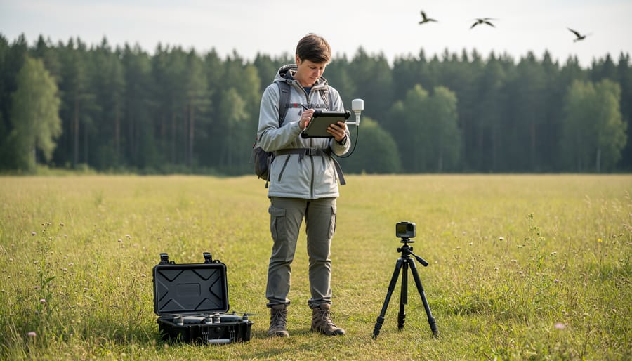 A researcher standing in a meadow holding a tablet and notebook beside a small weather station.