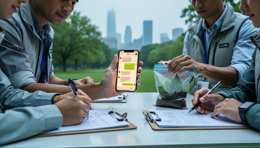 Environmental research team outdoors at a small lab table, using a smartphone for public engagement while reviewing field samples and notes.
