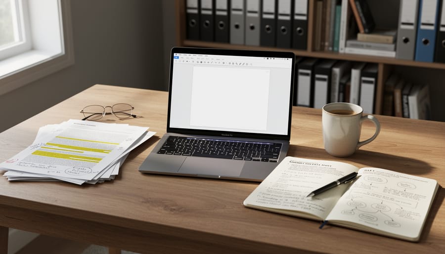 Close-up of hands typing on a laptop next to a smartphone and open notebooks on a wooden desk.