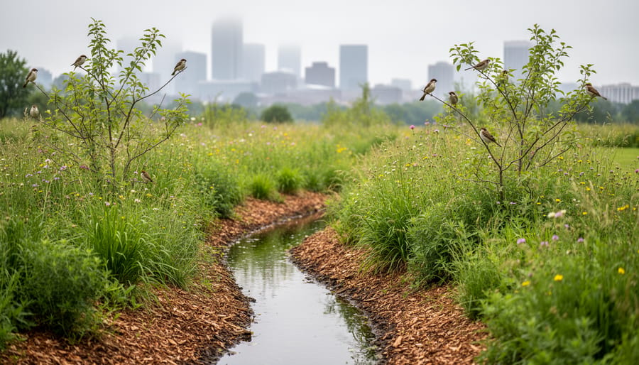 Native grasses and flowering plants reclaim a city roadside verge alongside a curving bioswale, with birds perched and softly blurred buildings in the background.