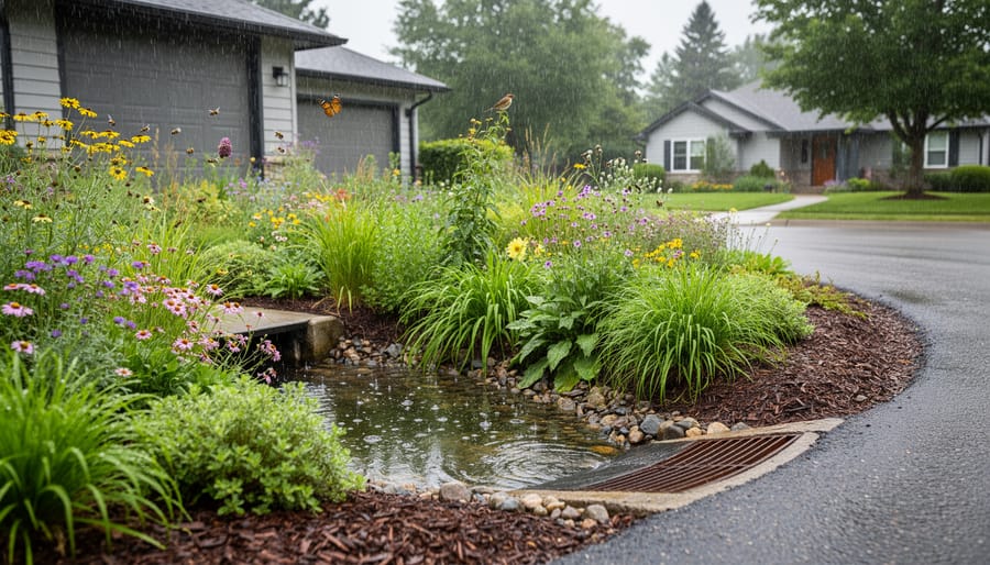 Native plants growing in an urban rain garden beside a sidewalk with water trickling through stones